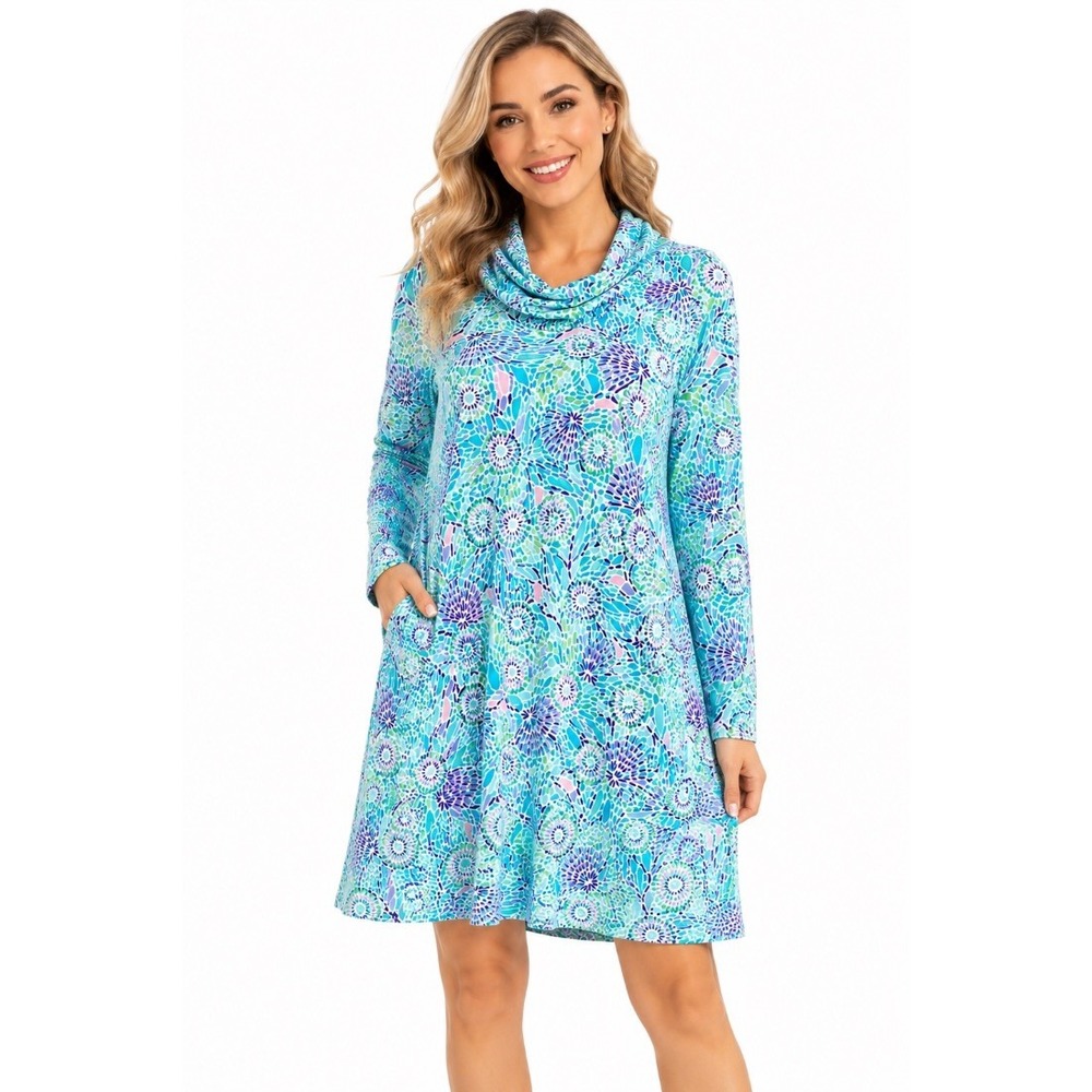 Lilly Pulitzer Womens Dress Blue Green Floral Mosaic Cowl Neck Long Sleeve M